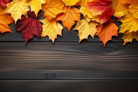 Autumn leaves on wooden background, top view. Space for textの素材