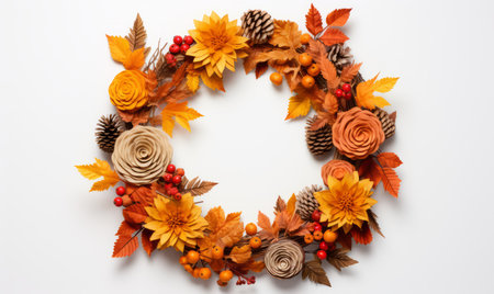 Autumn wreath with leaves and berries on a white background.の素材