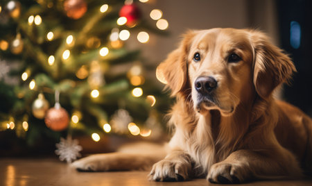 Golden Retriever dog in front of christmas tree with lightsの素材