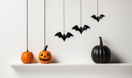 Halloween pumpkins with bats hanging on white shelf against white wallの素材