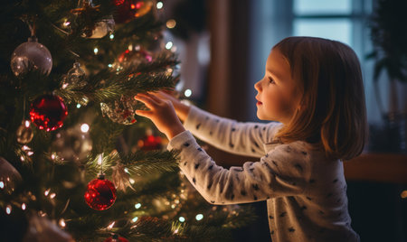 Adorable little girl decorating a Christmas tree at home in the living roomの素材