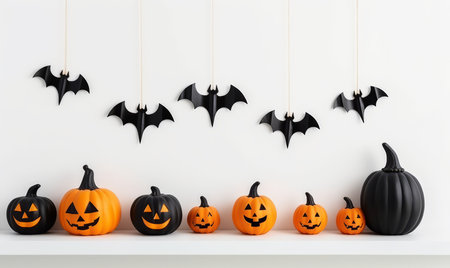 Halloween pumpkins with bats hanging on white shelf against white wallの素材