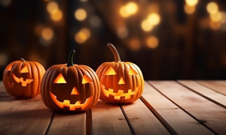 Halloween pumpkins on wooden table with bokeh background.の素材