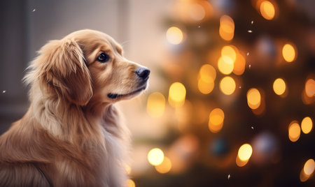 Golden retriever dog in front of christmas tree with bokeh lightsの素材