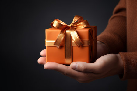 Woman hands holding a gift box on black background, close up.の素材