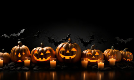 Halloween pumpkins and bats on black background. 3d illustrationの素材