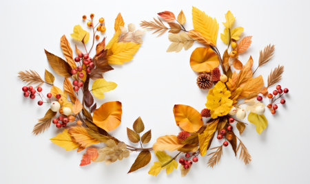 Autumn wreath made of leaves and berries on a white backgroundの素材