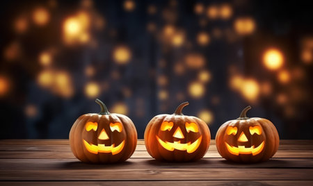 Halloween pumpkins on wooden table with blurred bokeh backgroundの素材