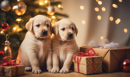 Labrador puppies with gift boxes and christmas tree on background.の素材