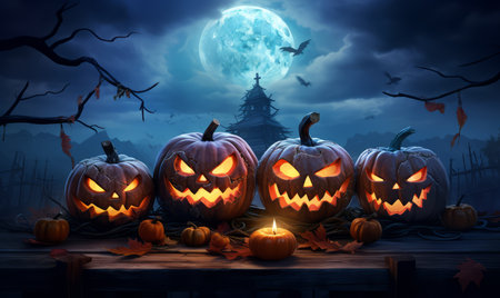 Halloween pumpkins on wooden table with full moon background, 3d renderの素材