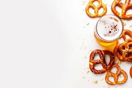 Pretzels and beer on a white background, top viewの素材