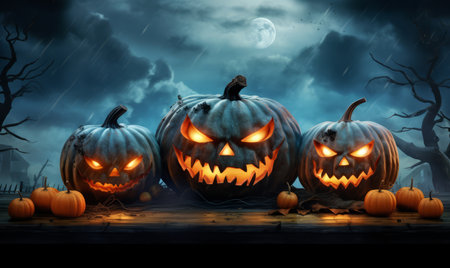 Halloween pumpkins with scary spooky background. Halloween holiday conceptの素材