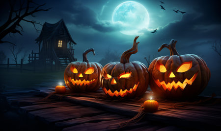 Halloween pumpkins in front of haunted house, 3d renderの素材