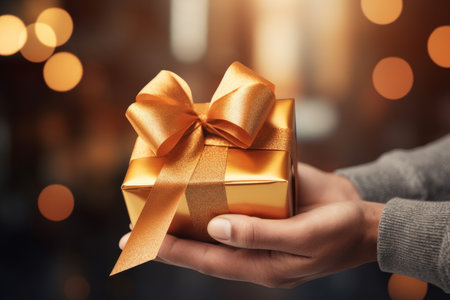 Man holding golden gift box on bokeh background, closeupの素材