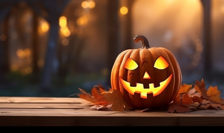 Halloween pumpkins and autumn leaves on wooden table in front of blurred backgroundの素材