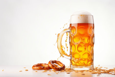 Mug of beer with foam and pretzels on white backgroundの素材