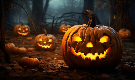 Halloween pumpkins in the forest. Spooky Halloween concept.の素材