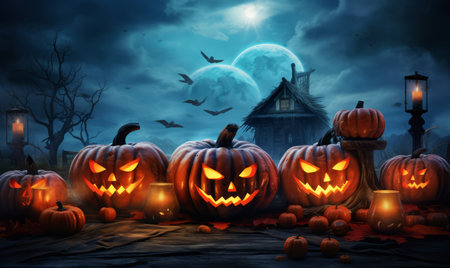 Halloween background with pumpkins, haunted house, moon and flying batsの素材
