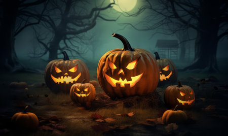 Halloween pumpkins in the forest at night. 3D renderingの素材