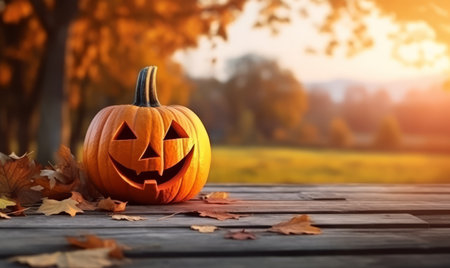 Halloween pumpkin on a wooden table with autumn leaves in the backgroundの素材