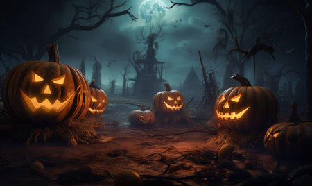 Halloween pumpkins in dark forest, 3d render illustration.の素材