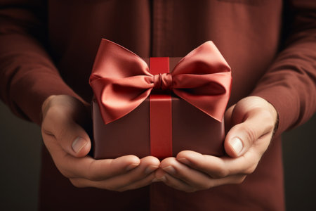 Man holding gift box on dark background, closeup. Holiday celebrationの素材