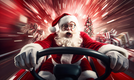 Portrait of santa claus driving a car at christmas timeの素材