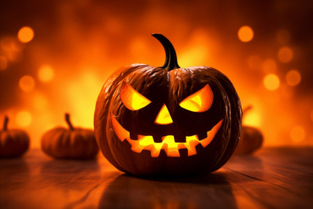 Halloween pumpkin head jack-o-lantern on bokeh backgroundの素材
