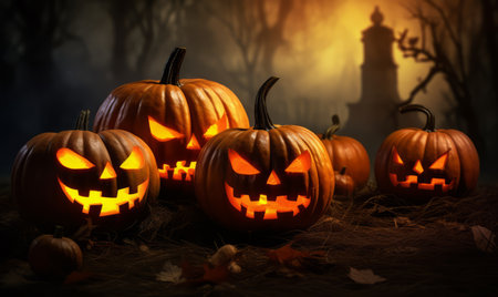 Halloween pumpkins with scary faces on dark spooky forest backgroundの素材