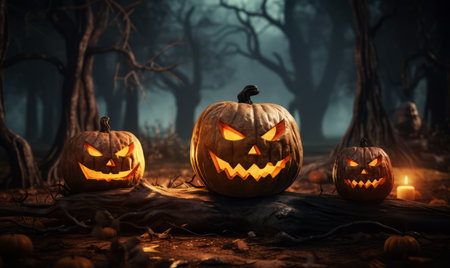 Halloween pumpkins in the spooky forest. 3d renderingの素材