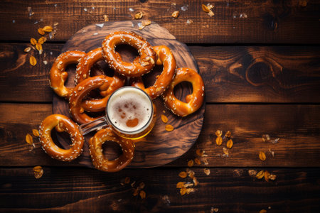 Bavarian pretzels and beer on wooden background, top viewの素材