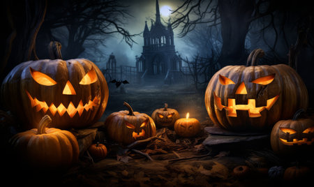 Scary Halloween pumpkins in dark forest at night. 3D renderingの素材