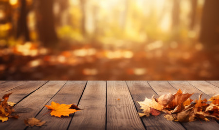 Wooden table with autumn leaves on bokeh background. Mock up for display of productの素材