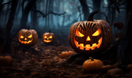 Halloween pumpkins in the dark forest. Scary Halloween backgroundの素材