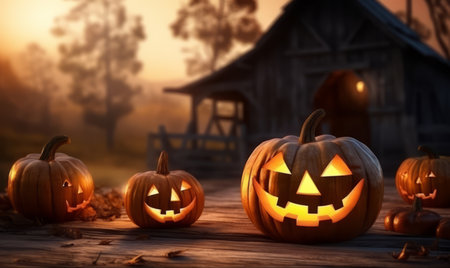 Halloween pumpkins in front of wooden house. 3d renderingの素材