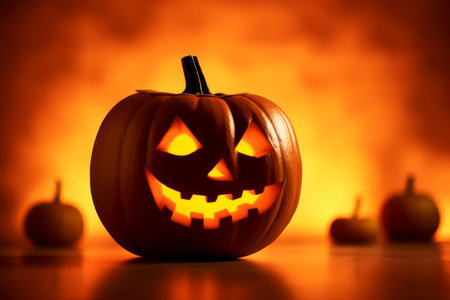Halloween pumpkin head jack-o-lantern on blurred backgroundの素材