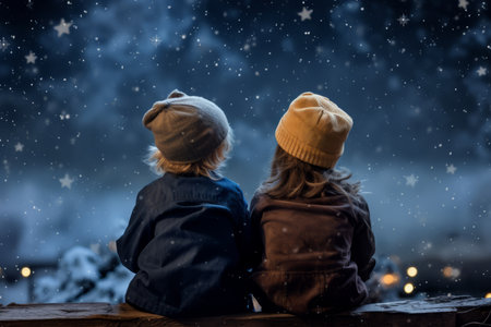 Two adorable little kids, boy and girl, sitting on a wooden bench at night in the snow, looking at the starry skyの素材