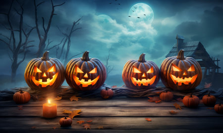 Halloween pumpkins on old wooden table. Halloween holiday background.の素材