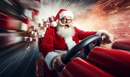 Santa Claus driving a car with motion blur background. Christmas and New Year concept.の素材