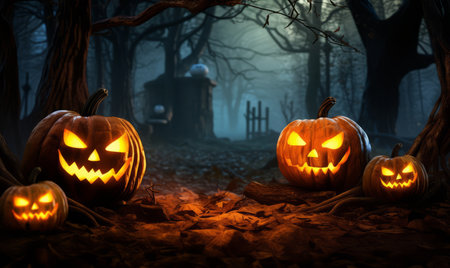 Halloween pumpkins in the forest at night. 3D renderingの素材