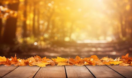 Wooden table and autumn leaves on bokeh background. Space for textの素材