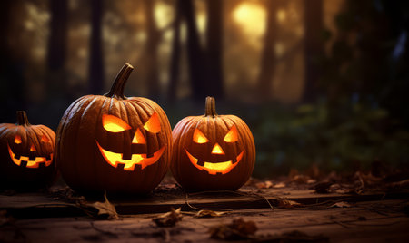 Halloween pumpkins on wooden table in the forest. Halloween background.の素材