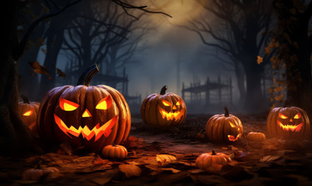 Halloween pumpkins in the forest at night. 3d renderingの素材