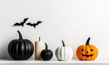 Halloween pumpkins and bats on white shelf against white wall backgroundの素材