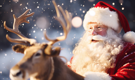 santa claus with reindeer and snowflakes on backgroundの素材