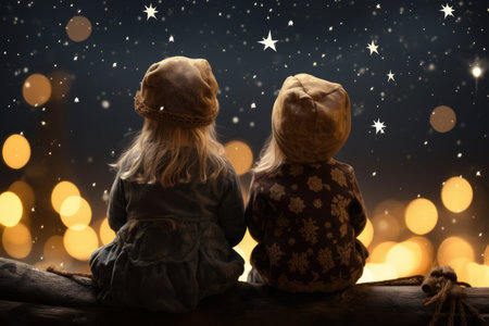Two little girls sitting on a wooden bench in front of Christmas lightsの素材