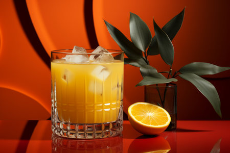 Glass of orange juice with ice cubes and fresh orange on orange backgroundの素材