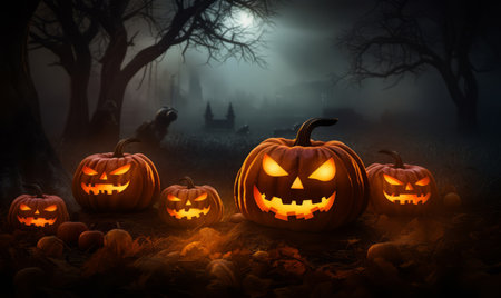 Halloween pumpkins in spooky forest at night. 3d renderingの素材