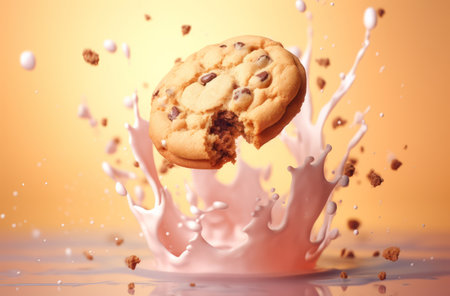 Chocolate chip cookie with milk splash on orange background. 3d renderingの素材