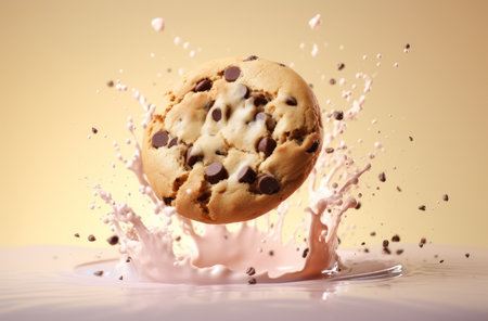 Chocolate chip cookie falling into milk splash, isolated on yellow backgroundの素材